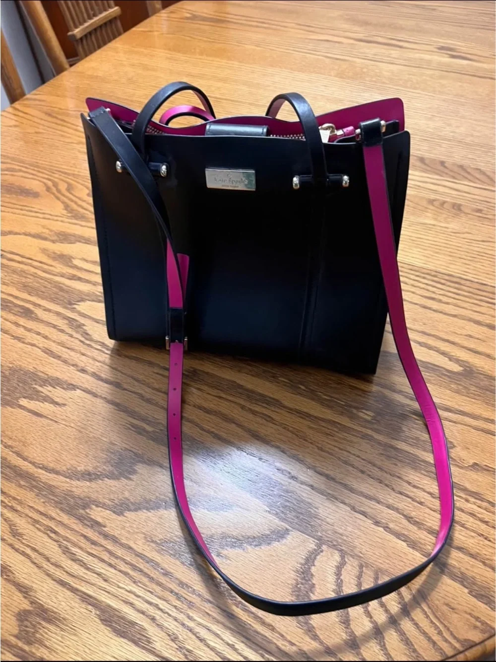 kate spade Black Leather Tote with Pink Trim